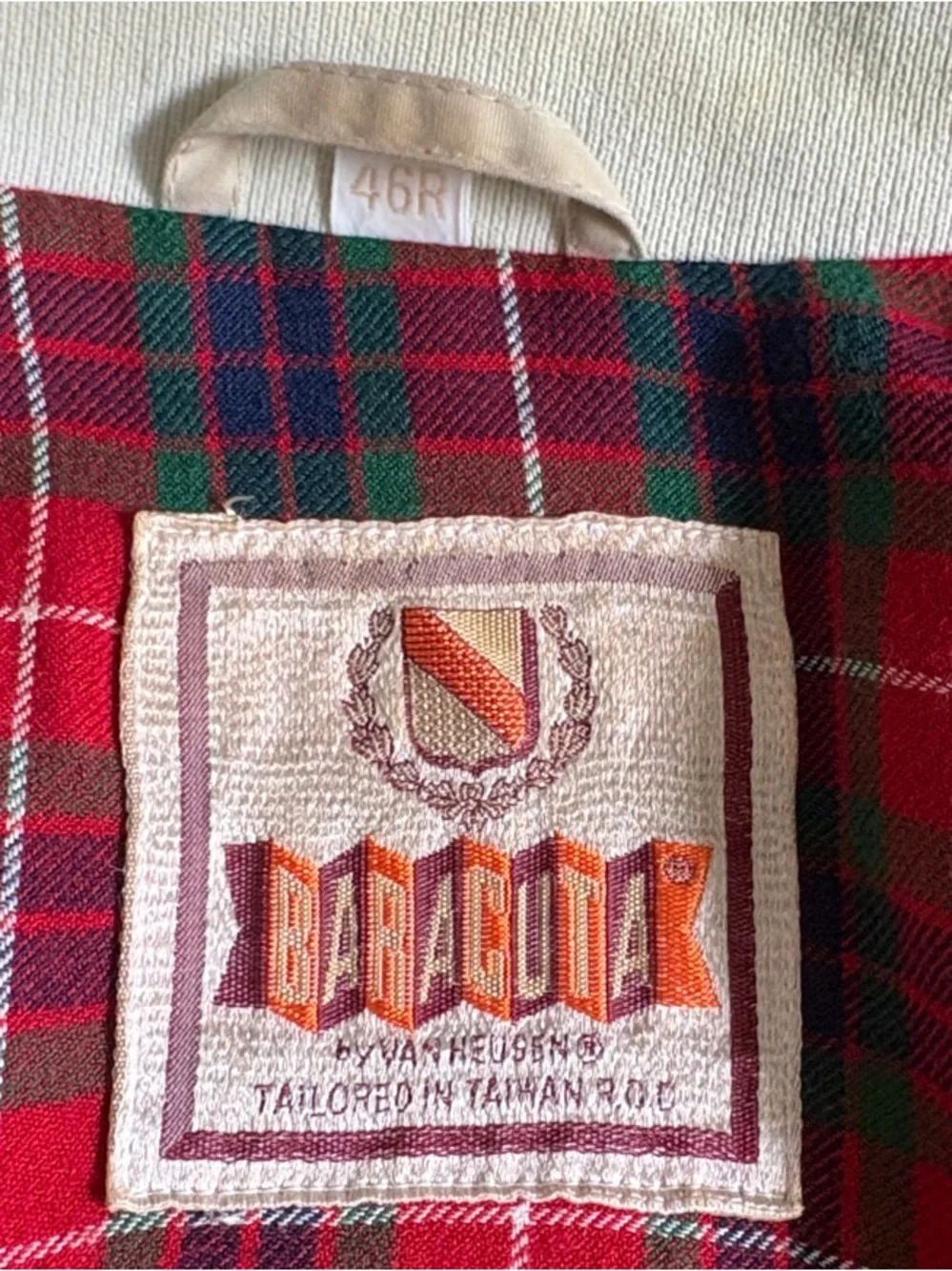 Vintage Men’s Baracuta Van Heusen Beige Bomber Jacket with Red Tartan Lining